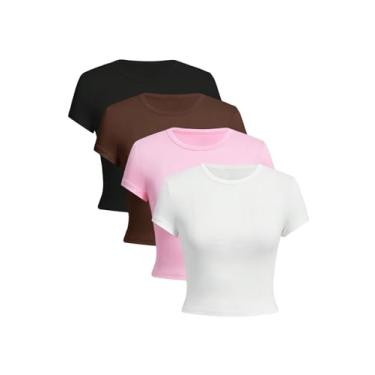 Imagem de GORGLITTER Conjunto feminino de 4 peças, casual, sólido, manga curta, gola redonda, camiseta cropped, Preto, branco, rosa e marrom, GG