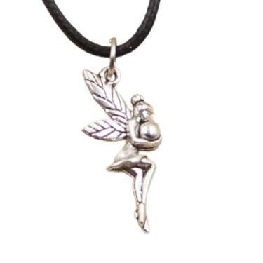 Imagem de EDCRFV Colar pingente de anjo de prata tibetana cordão de couro preto feito à mão