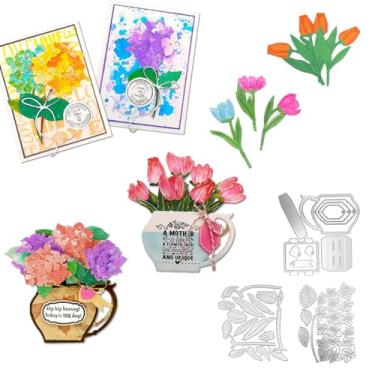 Imagem de Conjunto de flores e vasos de tulipa de hortênsia Alinacutle, corte de metal, cortado para presente, artesanato, artesanato, cartões, faça você mesmo, cartões comemorativos, álbum de recortes, arte