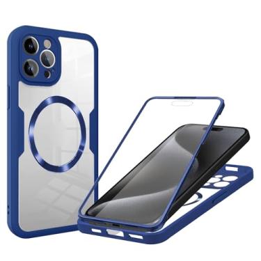 Imagem de POYUFRG Capa magnética para iPhone 15 Pro Max/15 Pro/15 Plus/15, protetor de tela integrado, capa de telefone transparente frente e verso, azul, 15 Pro Max de 6,7 polegadas