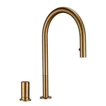 Imagem de Torneira de pia de cozinha retrátil, preta, bronze escovado, alça única, furo duplo, pulverizador quente e frio, latão, montada na bancada, ouro escovado