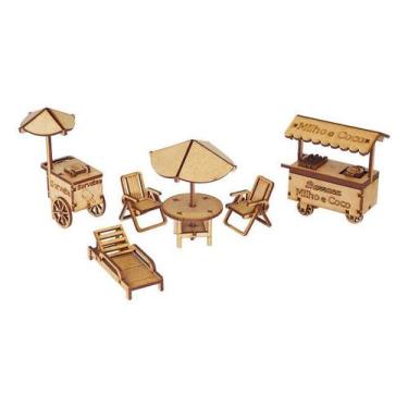 Imagem de Kit Miniatura Praia 6 Peças Espreguiçadeira Carrinho Mdf - Woodplan