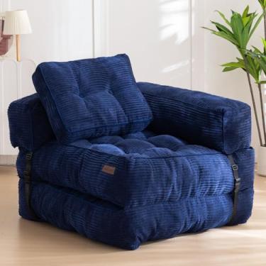 Imagem de MAXYOYO Sofá-cama Dobrável em Forma de L com Apoio de Braço, Sofá-cama Conversível com Travesseiro, Cadeira Dobrável Portátil, Confortável para Sala de Estar, Quarto, Azul Marinho