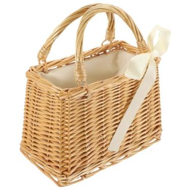 Imagem de Bolsa de vime de tecido elegante, cesta de armazenamento de vime para vegetais, sacola com laço e alça ideal para decoração de casamento
