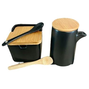 Imagem de Conjunto de Porcelana Azeiteiro e Saleiro de Mesa com Tampa e Colher d