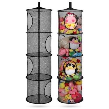 Imagem de 2 organizadores dobráveis para animais de pelúcia, rede de pelúcia ou rede organizadora, 4 compartimentos de rede de armazenamento de brinquedos para quarto de criança, luvas, chapéus, meias (preto)