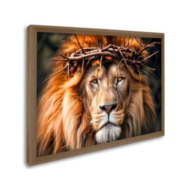Imagem de Quadro Decorativo Leão com Coroa de Espinhos Símbolo de Força e Fé (Madeira, 50x75, S/Vidro)