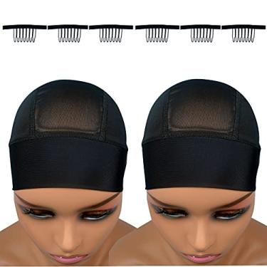 Imagem de Highshion 2 peças de touca de cabeça para fazer peruca, touca ajustável de velco com renda derretida em malha, touca de crochê, pentes de peruca