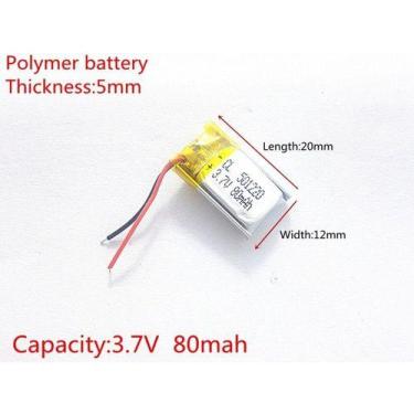 Imagem de (2 Unidades) Bateria   3,7v  80mah 5mm X 12mm X 20mm  2 Fios - KMIG