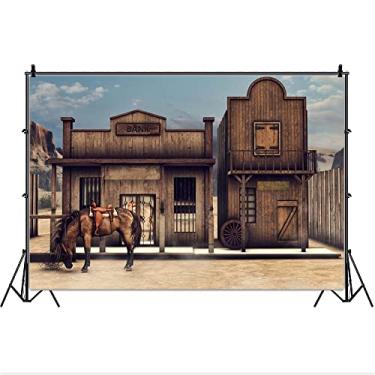 Imagem de Laeacco Vinil 2,1 x 1,5 m Fundo Fotográfico Western Banic Cinza Cavalo Cabine Cenários Outmoded Retratos Tiro Vídeo Studio Adereços 2,2 x 1,5 m Cenário Colorido Velho Oeste Frente Banco Ilustração 3D