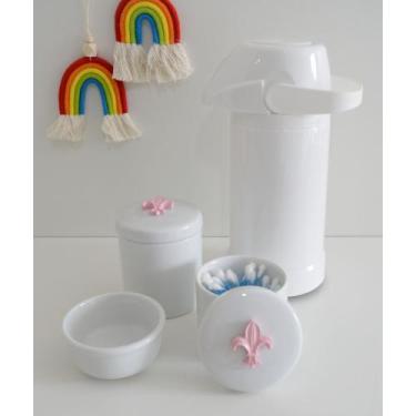 Imagem de kit Higiene Bebê Potes K022 Rosa Cotonete Algodão Limpeza Porcelana Mu