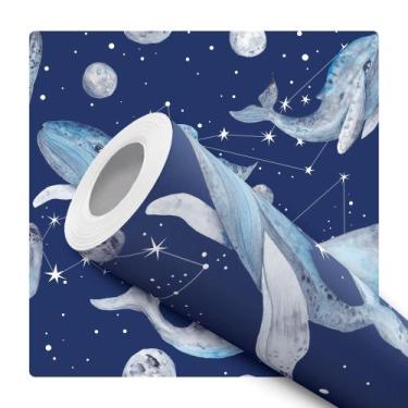 Imagem de Papel de Parede Adesivo Fundo do Mar Baleia Azul Constelação Aquarela 