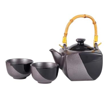 Imagem de Conjunto de chá de porcelana de 897 ml com 2 xícaras de chá com coador de infusor e alça superior de bambu, cerimônia de chá esmaltada reativa, estilo japonês (preto fosco brilhante)