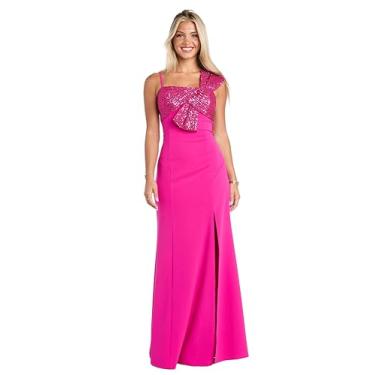 Imagem de MORGAN AND CO. Vestido juvenil de um ombro com laço de lantejoulas e fenda alta na coxa, Fúcsia, 3