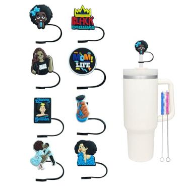 Imagem de 8 peças lindas capas de palha azul preto menina para copo Stanley, 0,4 pol/10 mm tampas de canudo de silicone para Stanley 30 & 1,134 g copo com alça, tampas de canudo reutilizáveis à prova de poeira