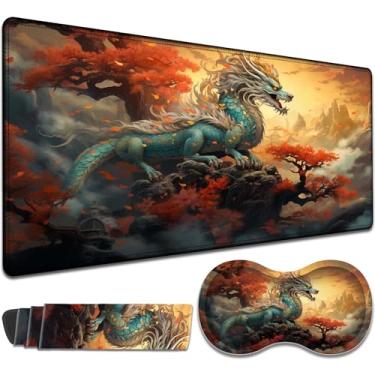 Imagem de TCG Gaming Pad + Conjunto de almofada de pulso, MTG Play Mat Office Mouse Pad 61 cm x 35,5 cm, base antiderrapante costurada na borda da mesa - Rock Wing Blue Dragon