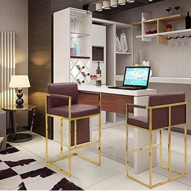Imagem de Iconic Home Quest Cadeira de bar de couro PU estofado com braço quadrado design arquitetônico dourado sólido base de metal moderno contemporâneo, vinho