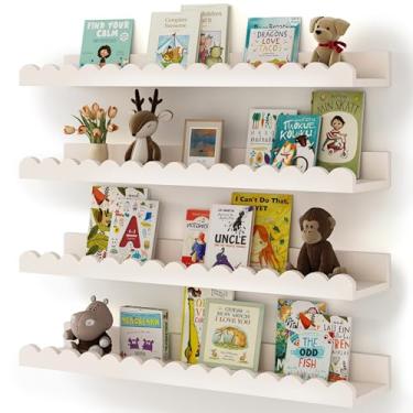 Imagem de Prateleiras para livros de berçário, pacote de 4 prateleiras flutuantes brancas para crianças, prateleiras recortadas, prateleiras de parede para quarto, quarto de crianças, quarto de bebé, decoração