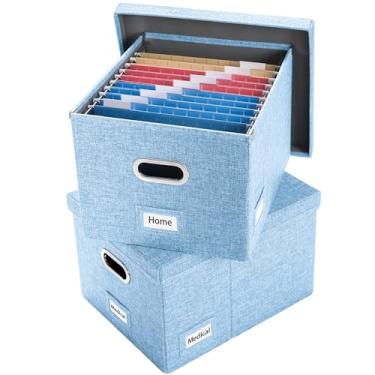 Imagem de PRANDOM Caixa Organizadora de Arquivos-Conjunto de 2 Pastas de Arquivo Decorativas Dobráveis de Linho para Armazenamento de Arquivos Suspensos com Tampas Gabinete de Escritório Tamanho Carta/Ofício Az