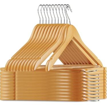 Imagem de Conjunto 18 Cabides de Madeira Maciça Durável com Design Ergonômico, Entalhes Cortados com Precisão, Barra Antiderrapante e Gancho Cromado Giratório