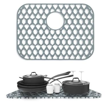 Imagem de SYDUMSHIN Protetores de Pia para Pia de Cozinha 19"X14", Grande Tapete de Silicone para Pia de Fazenda, Grade de Suporte para Fundo de Pia de Porcelana de Aço Inoxidável (Dreno Traseiro)