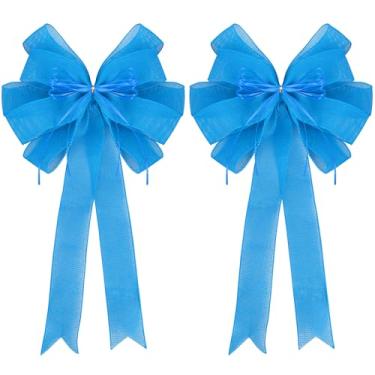 Imagem de RIBBOOO Pacote com 2 laços azuis de árvore de Natal 30,5 x 50,8 cm grande arco de guirlanda de serapilheira com cordão de glitter para topo de árvore de Natal, decoração de porta da frente de casa,