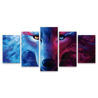 Imagem de Quadro Mosaico Decorativo Lobo Colorido Rosa Azul Laranja 5 Peças - De