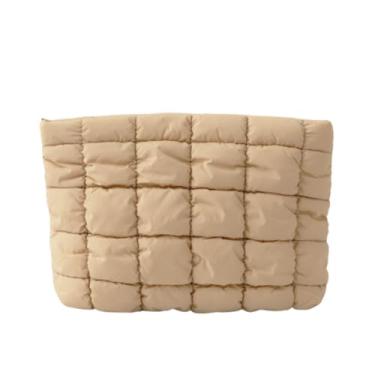 Imagem de FITINI Bolsa de maquiagem grande portátil acolchoada com estampa floral organizadora de cosméticos linda bolsa feminina de algodão macio com zíper à prova d'água bolsas de armazenamento de higiene