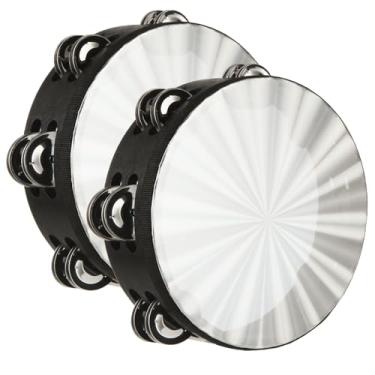 Imagem de SHUESS Pacote com 2 Tambores de mão radiante de 20 cm com jingles de fileira dupla, pandeiros refletivos para adultos, instrumentos musicais para igreja, dança, festa, KTV
