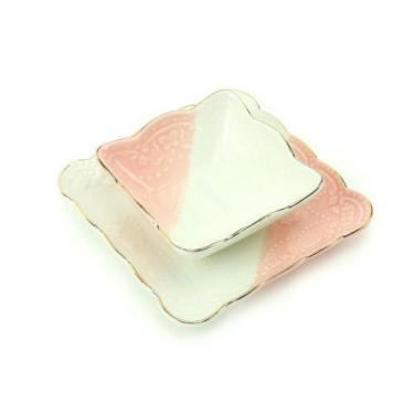 Imagem de Jogo de Prato e Bowl de Cerâmica Quadrado Branco e Rosa - PraCaza
