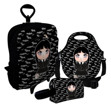 Imagem de Kit Escolar Mochila de Rodinha + Lancheira + Necessaire Plus – ISOPRENE – Menina Addams-Unissex