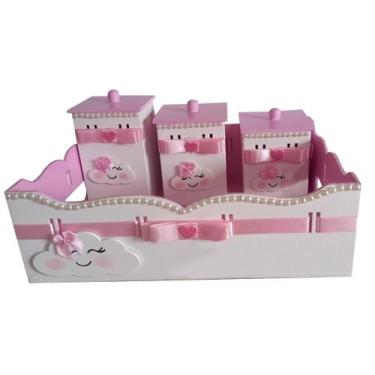 Imagem de Kit Higiene Bebê MDF 4 Peças Cesta Organizadora Nuvem Chuva de Amor Ro