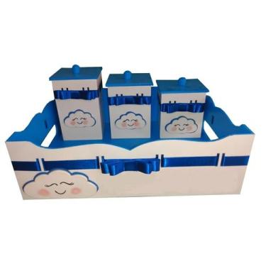 Imagem de Kit Higiene Bebê MDF 4 Peças Cesta Organizadora Nuvem Chuva de Amor Az