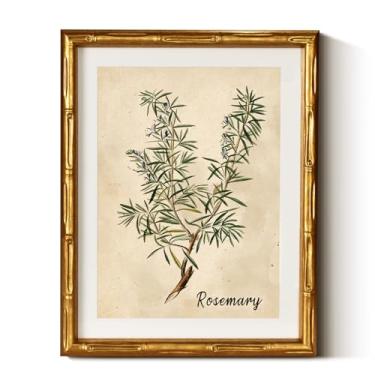Imagem de InSimSea Arte de parede em tela emoldurada de bambu dourado, pinturas botânicas retrô de alecrim, moldura vintage antiga com tapete, decoração de parede de casa vitoriana para sala de estar, cozinha
