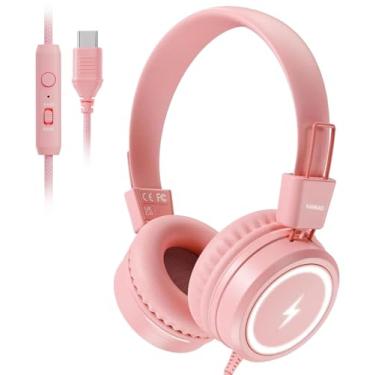Imagem de KONNAO Fones de ouvido infantis USB tipo C com luzes de LED, limitador de volume 85/94dB, dobráveis com microfone, rosa