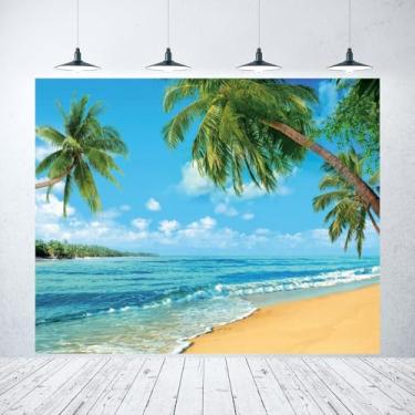Imagem de Pano de fundo de praia para fotografia 3 x 2,4 m fundo de festa havaiana de verão flor tropical palmeira praia bar prancha de surf fundo oceano Aloha Luau decorações de festa banner adereços de foto