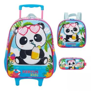 Imagem de Mochila Rodinhas Panda Rosa Lancheira Estojo Infantil Escolar Xeryus