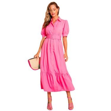 Imagem de Vestido feminino manga curta midi com cinto e saia evase em crepe eleg