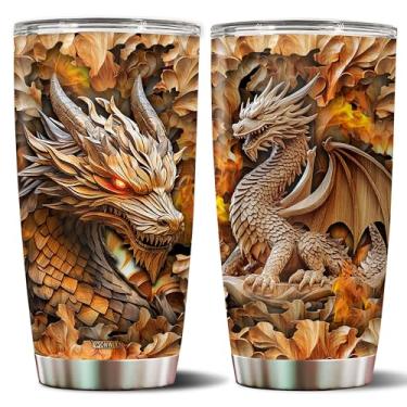 Imagem de WONWIX Copo de dragão para homens mulheres desenho de madeira copo de aço inoxidável isolado 590 ml com tampa caneca de café presente para dragões amantes pai marido filho