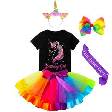 Imagem de Hewtwerck Roupa de aniversário de unicórnio para meninas - camisa de unicórnio arco-íris tutu saia vestido faixa de cabelo laço de cabelo e faixa de cetim (4 anos a 5 anos, preto)