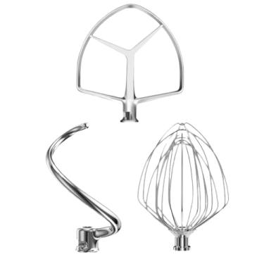 Imagem de Conjunto de 3 peças para batedeira de aço inoxidável para batedeira KitchenAid 7QT Lift Bowl Inclui batedor, batedor plano e gancho de massa para batedeira KitchenAid de 7 litros, lavável na