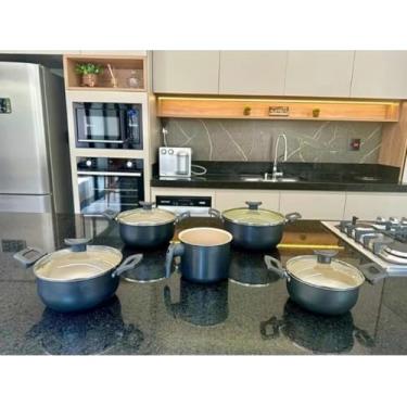 Imagem de Conjunto Panela Caçarolas Antiaderente Teflon Tampa De Vidro 5 peças COR PRETA E BEJE