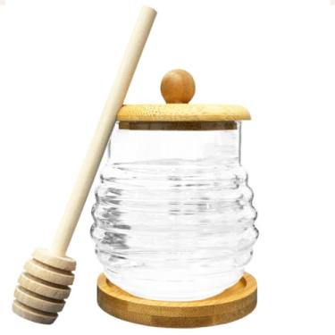 Imagem de Meleira De Vidro Com Suporte Tampa E Colher De Bambu Porta Mel Com Pegador Colonial 270ML