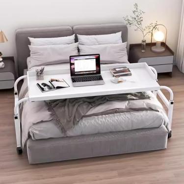 Imagem de Bandeja de alimentos sobrecama, mesa médica com rolos, altura e comprimento, ajustável, para computador, laptop, carrinho portátil com rodas de rodízio sobre mesas de cama