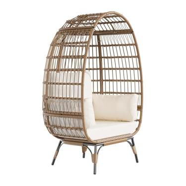 Imagem de Cadeira de ovo para ambientes externos, cadeira de vime de pátio grande para varanda, pátio, sala de estar, espreguiçadeiras para uso externo com almofadas grossas, capacidade de 158 kg, móveis