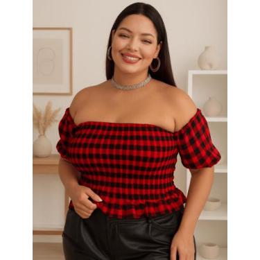 Imagem de Blusa Xadrez Feminina Cropped Plus Size Ciganinha Lastex Ajustável Cas