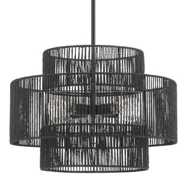 Imagem de ELYCCUPA Lustre Boho De 24" Em Rattan Trançado À Mão, 3 Redondos, Ajustável, 4 Luzes, Grande, Pendente Para Cozinha, Ilha, Sala De Jantar, Sala De Estar, Corredor, Preto, Listado Pela Ul