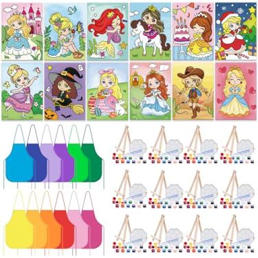 Imagem de Anseal Conjunto de 84 peças de pintura infantil, kit de pintura em tela de princesa, lembrancinhas de festa, inclui 12 telas pré-desenhadas, 12 pincéis, 12 paletas, 12 conjuntos de tintas acrílicas