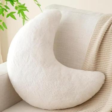 Imagem de Almofada de lua de 15,7 polegadas, almofadas decorativas com coelho falso macio para cama de sofá, almofadas em forma de lua, almofadas de pelúcia para decoração de quarto, sala de estar (branca)