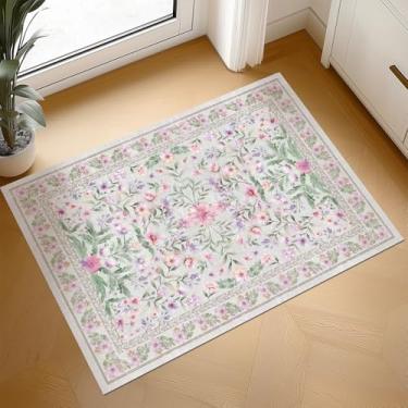 Imagem de Tapete de entrada Boho lavável, 5 cm x 7 cm, tapete pequeno, roxo, verde, colorido, lilás, lavanda, floral, entrada interna, antiderrapante, macio, oriental, vintage, tapete, cozinha, entrada, quarto